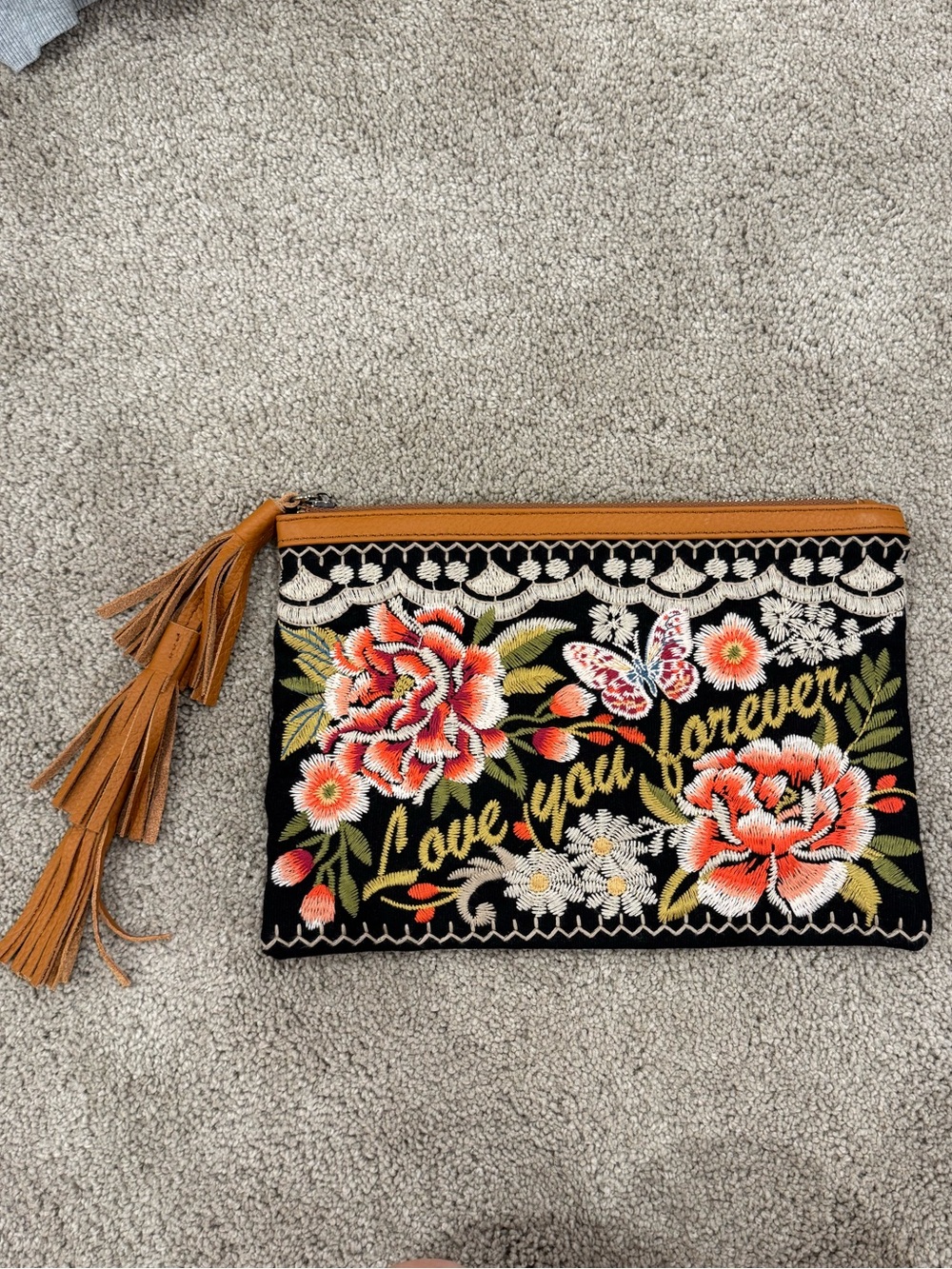 Johnny Was Love You Forever Embroidered Floral Clutch Wristlet Tassel Bag